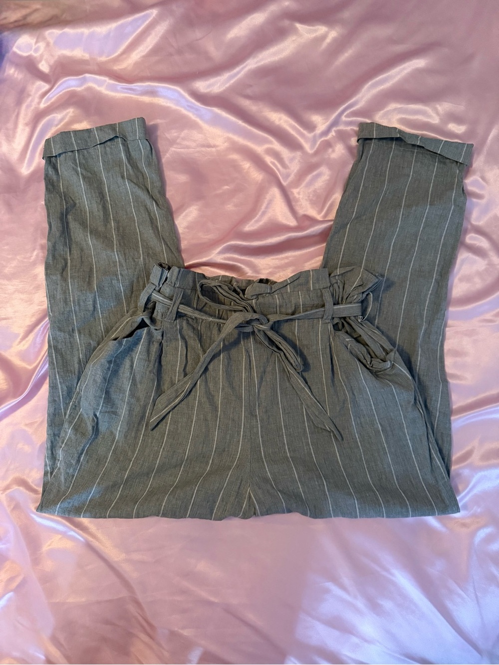 Thread & Supply Gray Pinstripe Paperbag Trousers with Tie Belt